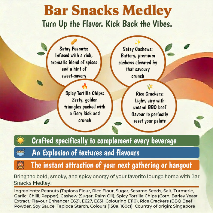 Bar Snacks Medley (Satay Peanuts, Satay Cashew, Spicy Tortilla Chips and Rice Crackers)
